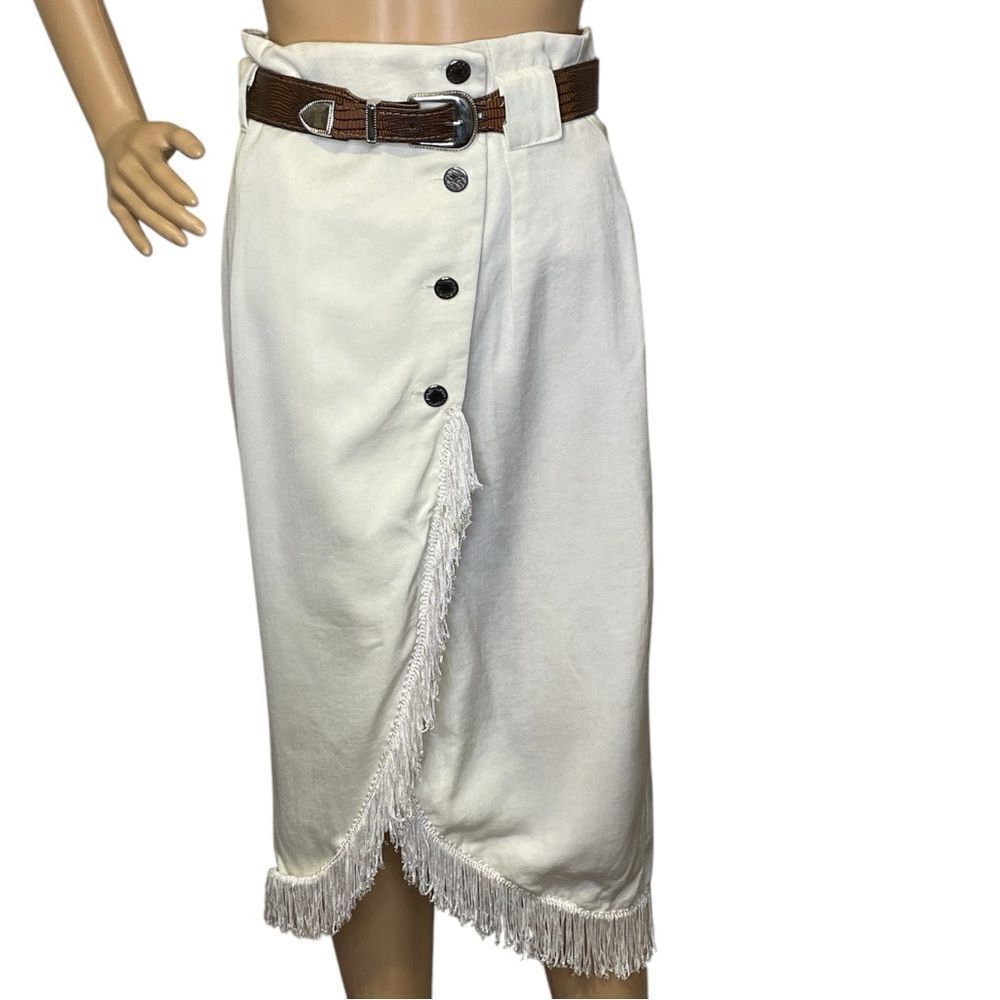 Vintage Francine Browner Midi Fringe Button Belted Wrap Skirt Cream Lt Yellow 7